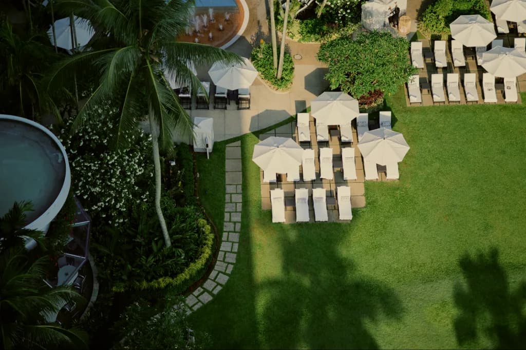 Aerial view of garden cabanas at Terrea